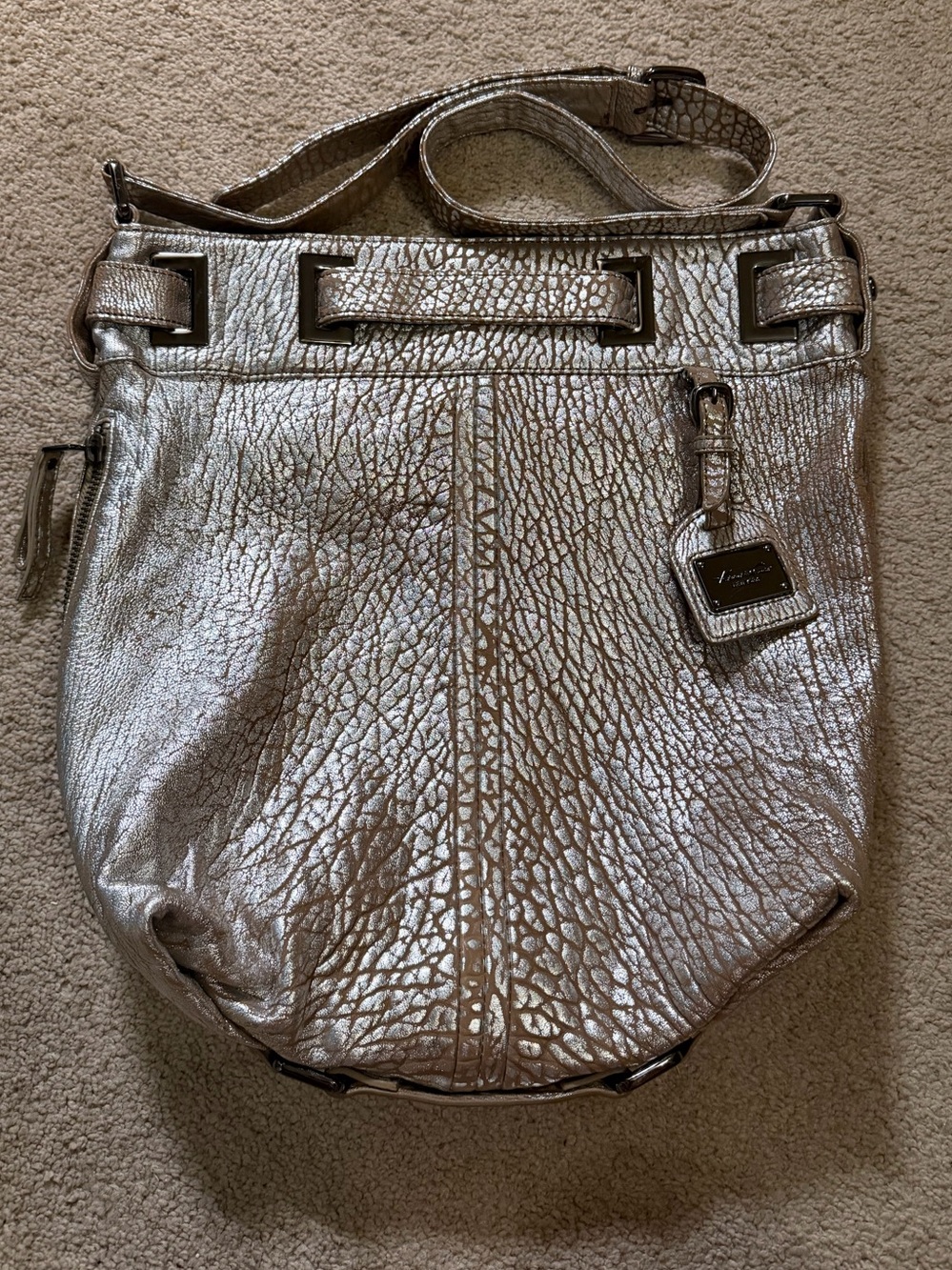 Kenneth Cole New York Leather handbag in a metallic silver crackle finish